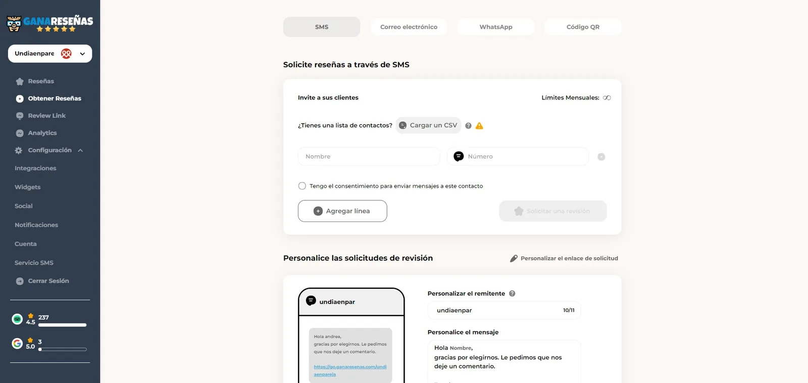 Captura de la app: pantalla para pedir reseñas por SMS con el mensaje personalizado