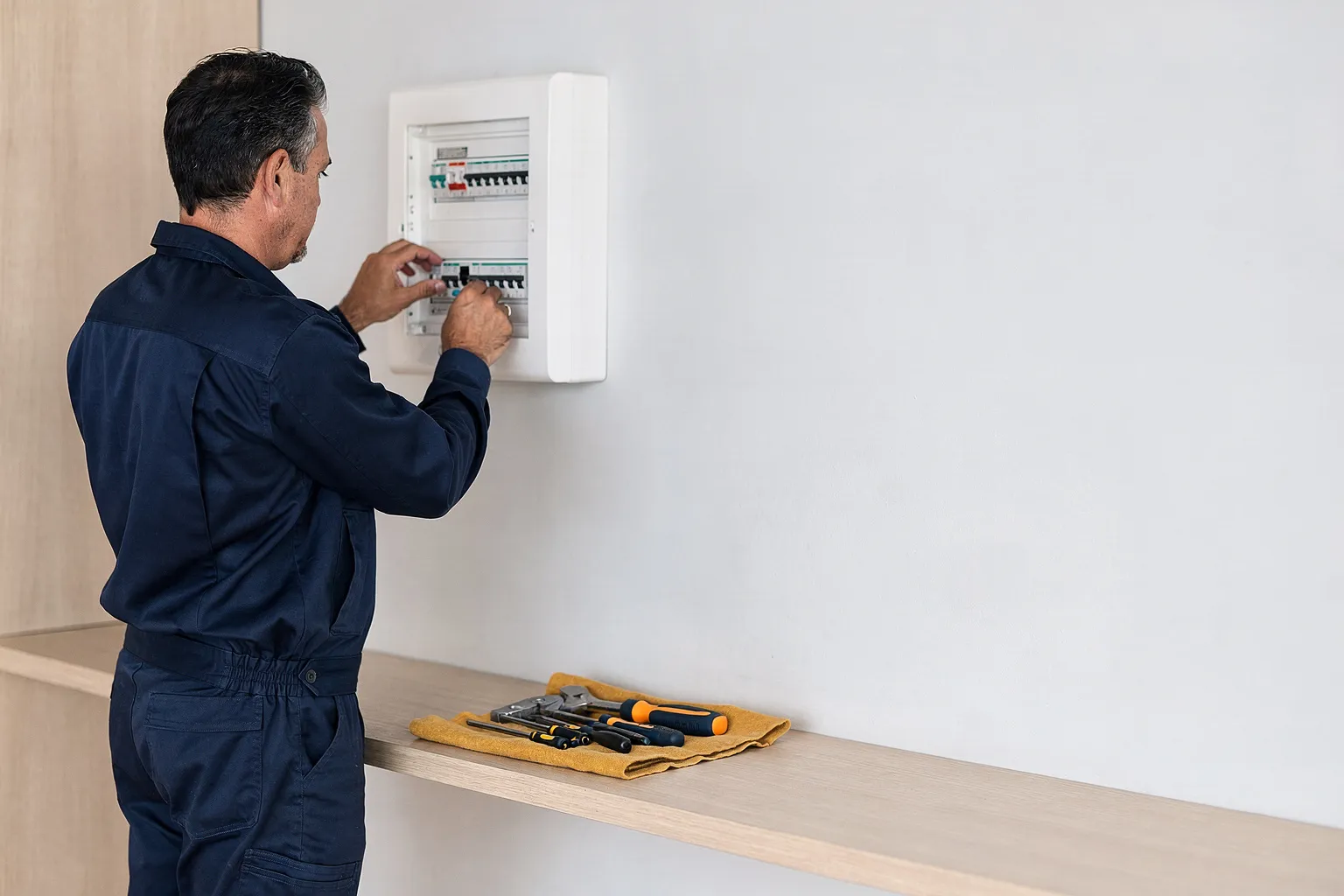 Electricista revisando el cuadro eléctrico de un piso luminoso