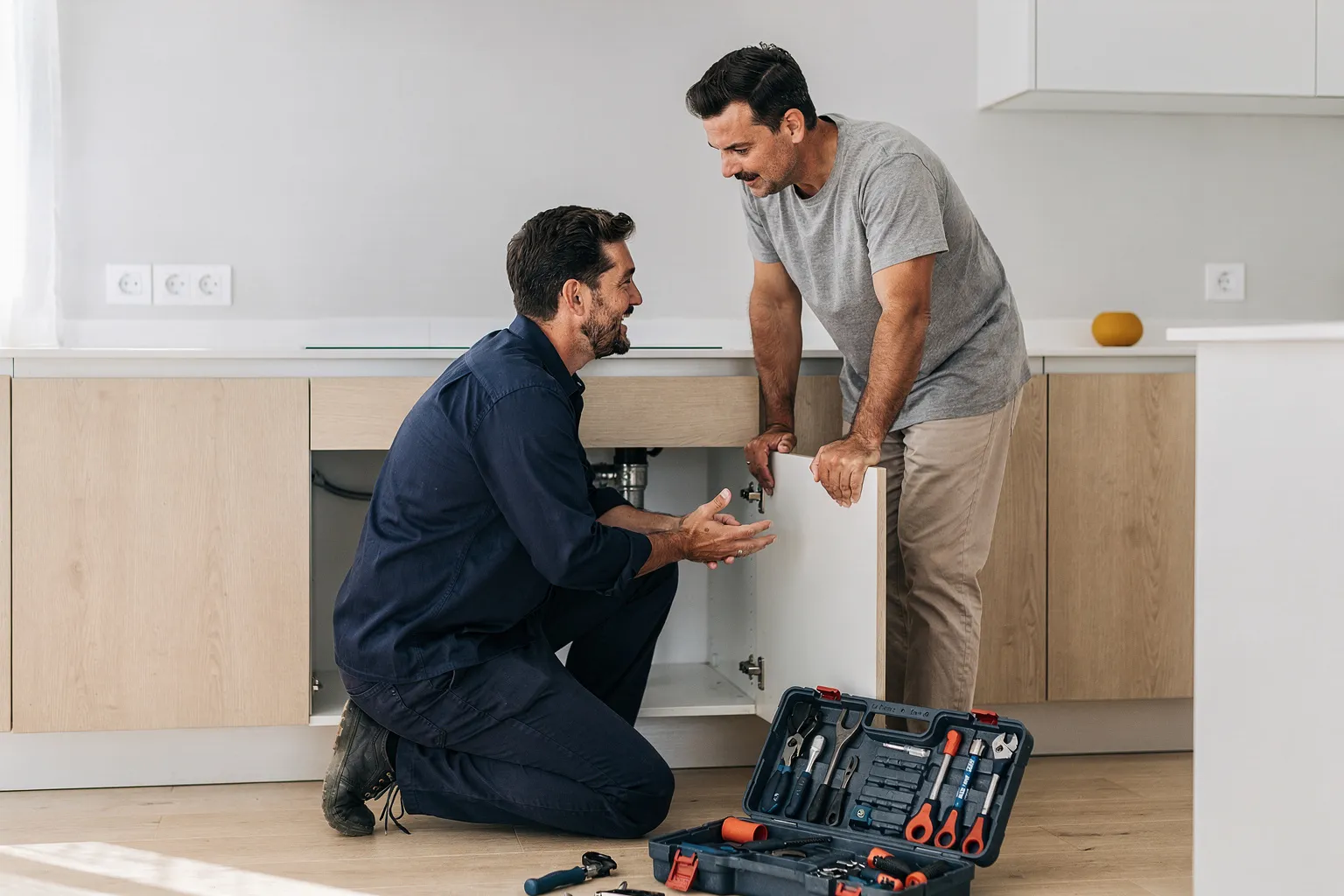 Fontanero explicando una reparación bajo el fregadero al dueño de una cocina luminosa