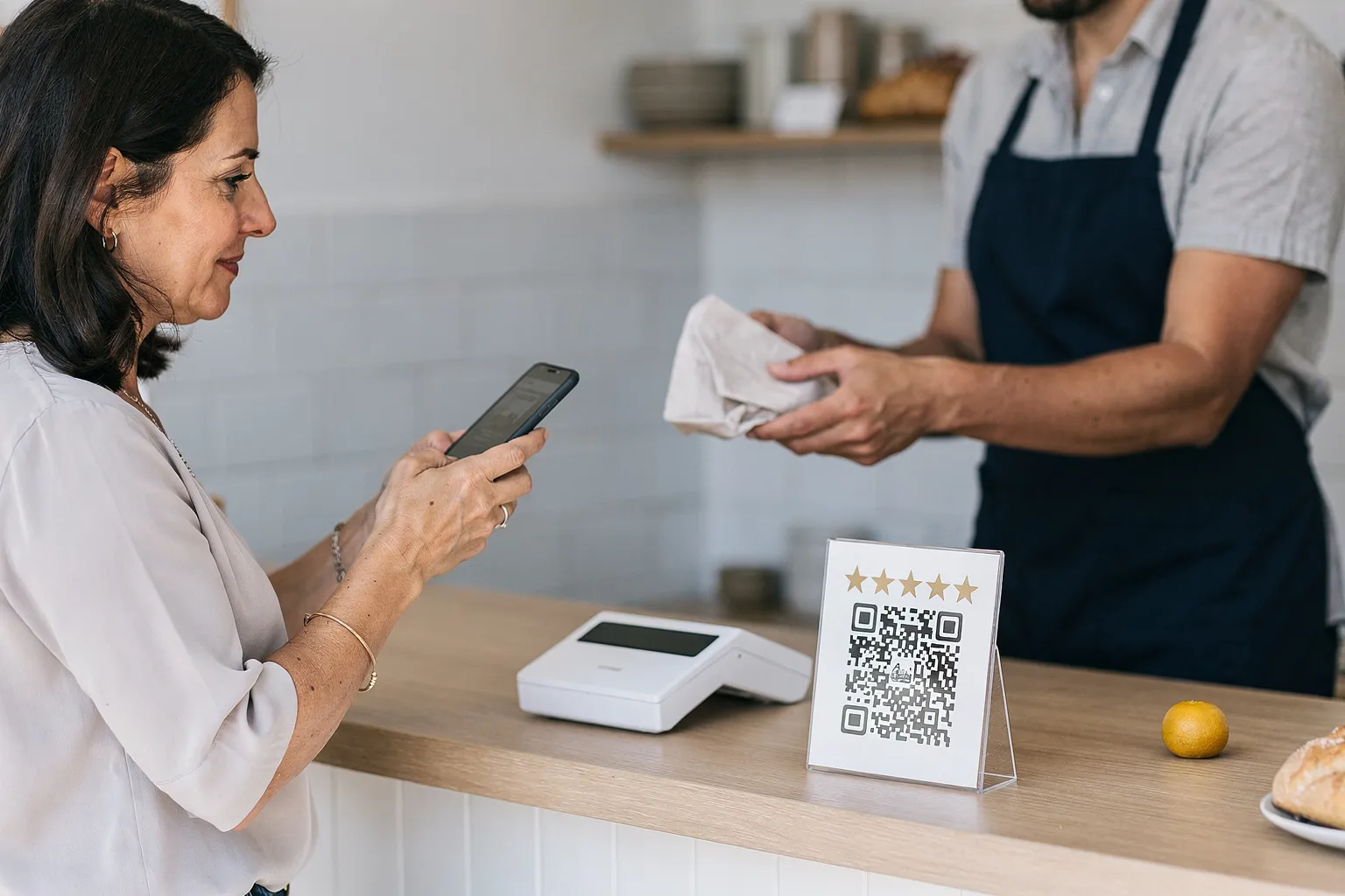 Clienta escaneando con el móvil un código QR en el mostrador de una panadería luminosa