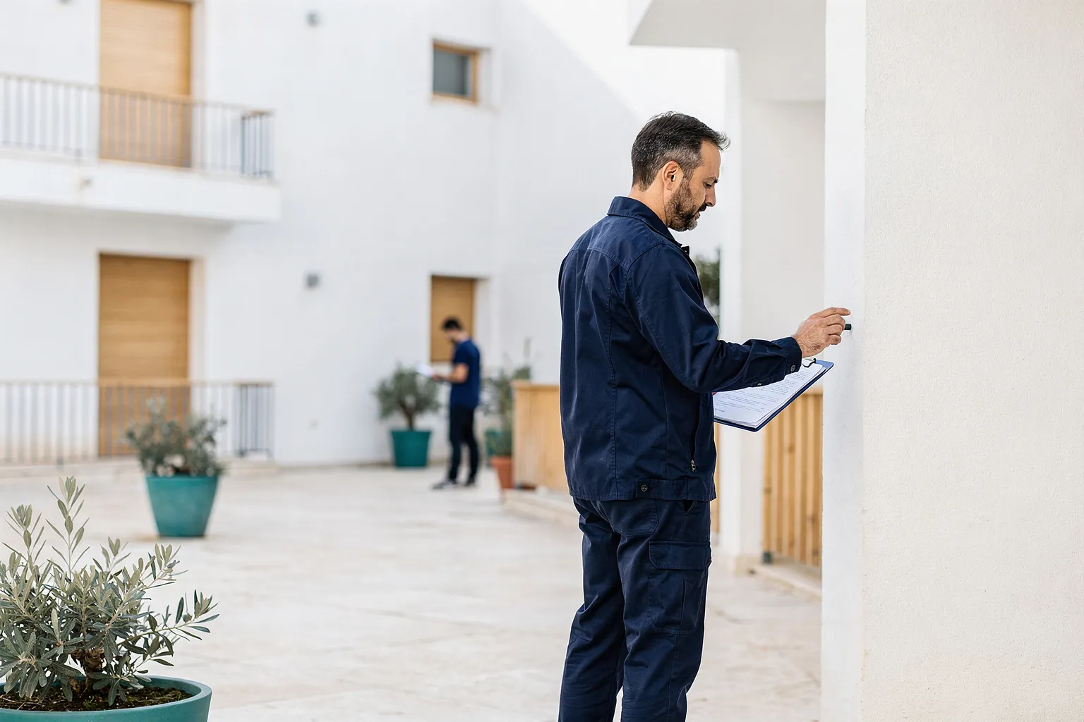 Técnico de control de plagas revisando el patio soleado de un edificio