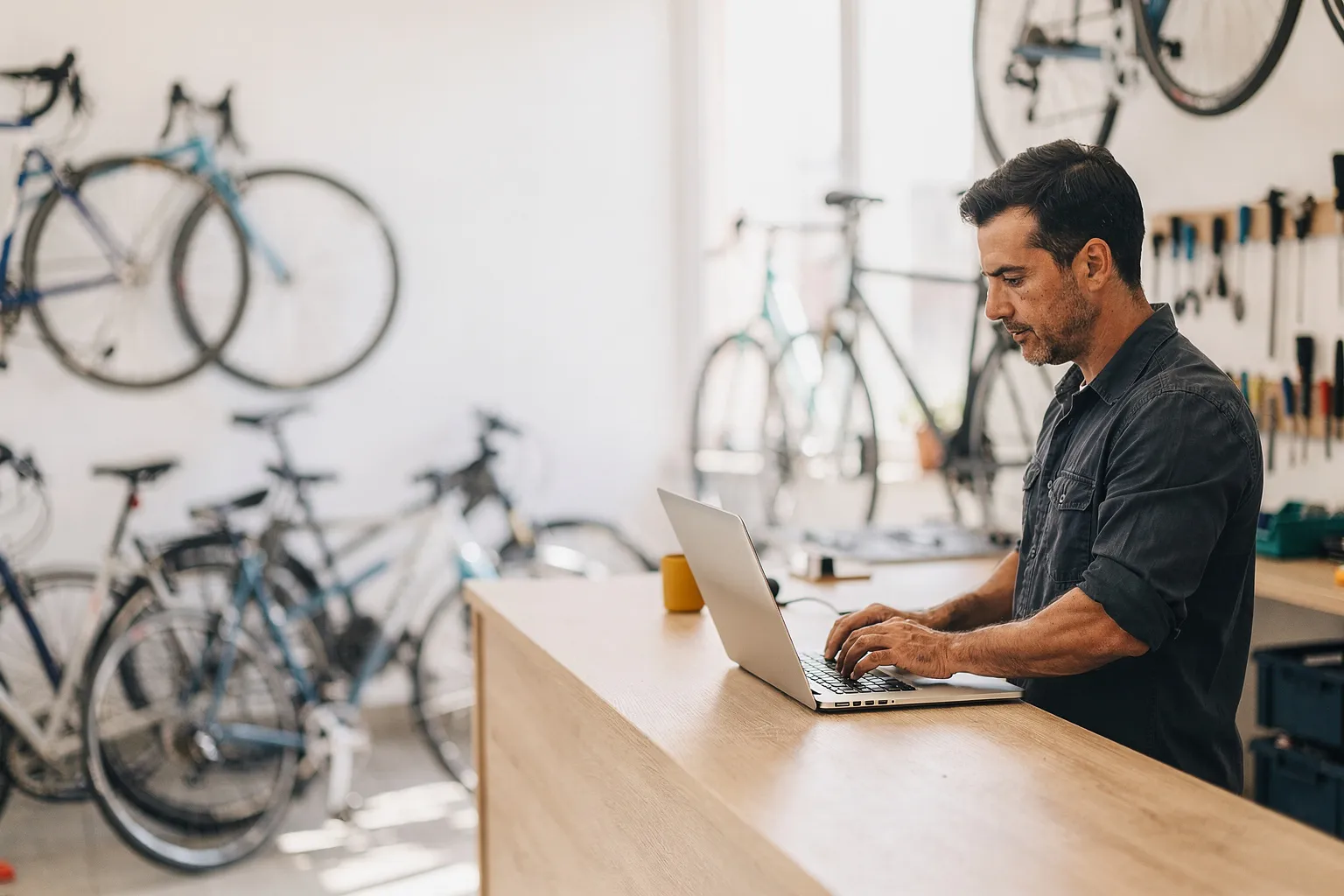 Dueño de un taller de bicicletas revisando la web de su negocio en el portátil en su tienda luminosa